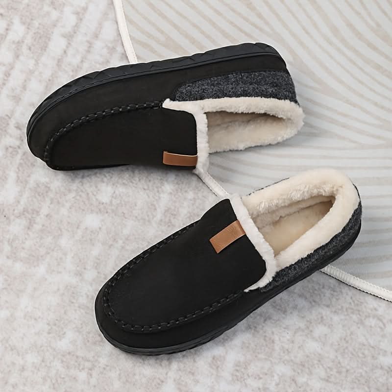 Mens Moccasin Slippers Slip Faux Fur Suede Non Rubber Sole Winter Warm - Image 1