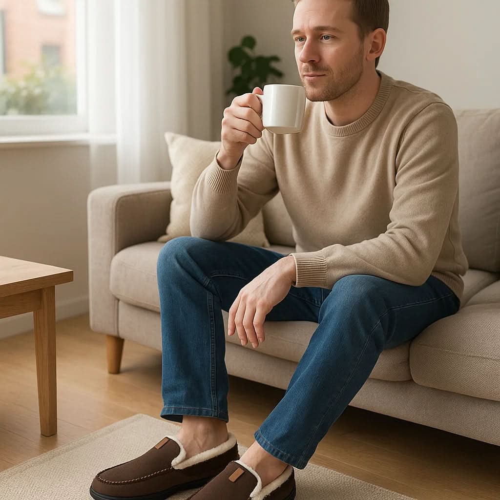 Mens Moccasin Slippers Slip Faux Fur Suede Non Rubber Sole Winter Warm - Image 2