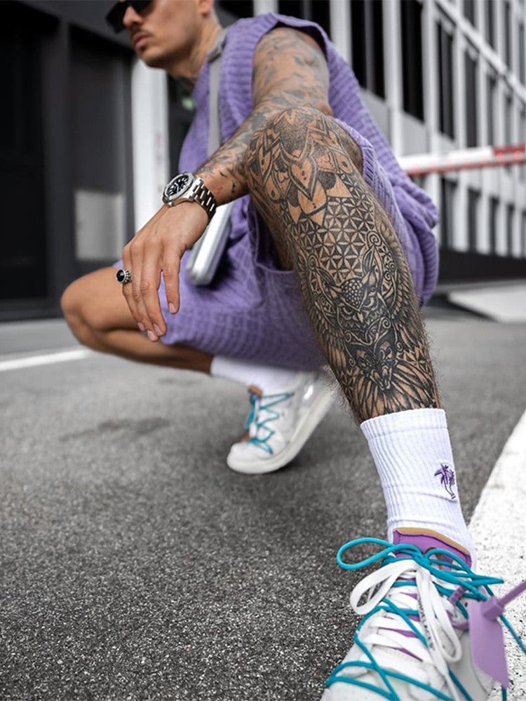 Men's Open Weave Sleeveless Top and Elasticated Shorts Set — back view
