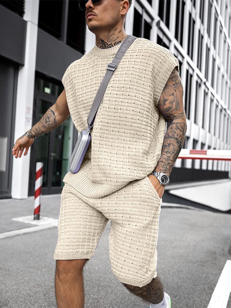 Men's Open Weave Sleeveless Top and Elasticated Shorts Set — detail view