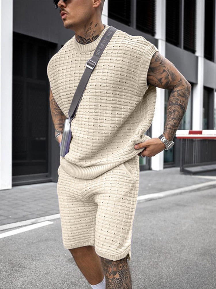Men's Open Weave Sleeveless Top and Elasticated Shorts Set — model wearing