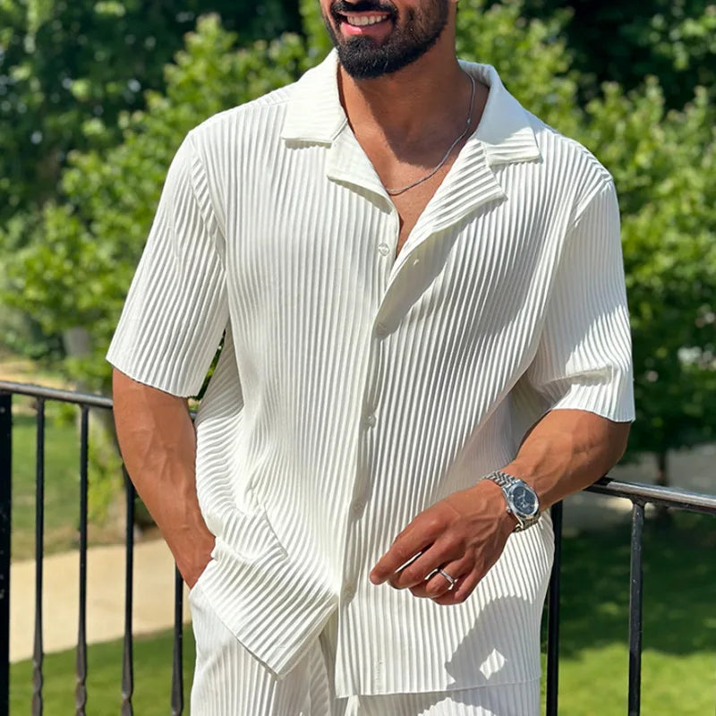 Men's Pleated Camp Collar Shirt and Straight Leg Trousers Set — back view