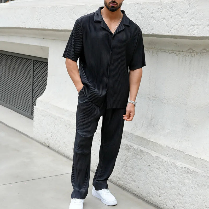 Men's Pleated Camp Collar Shirt and Straight Leg Trousers Set — detail view