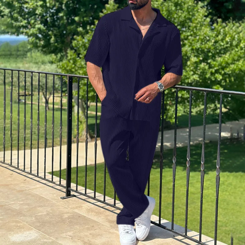 Men's Pleated Camp Collar Shirt and Straight Leg Trousers Set — model wearing