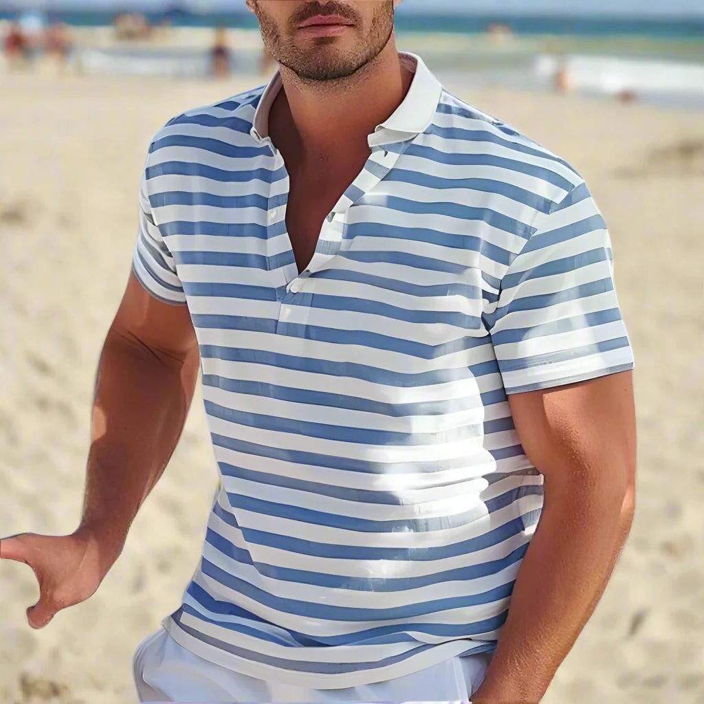 Mens Polo Shirt Striped Short Sleeve Collar Cotton Regular Fit Summer - Image 1
