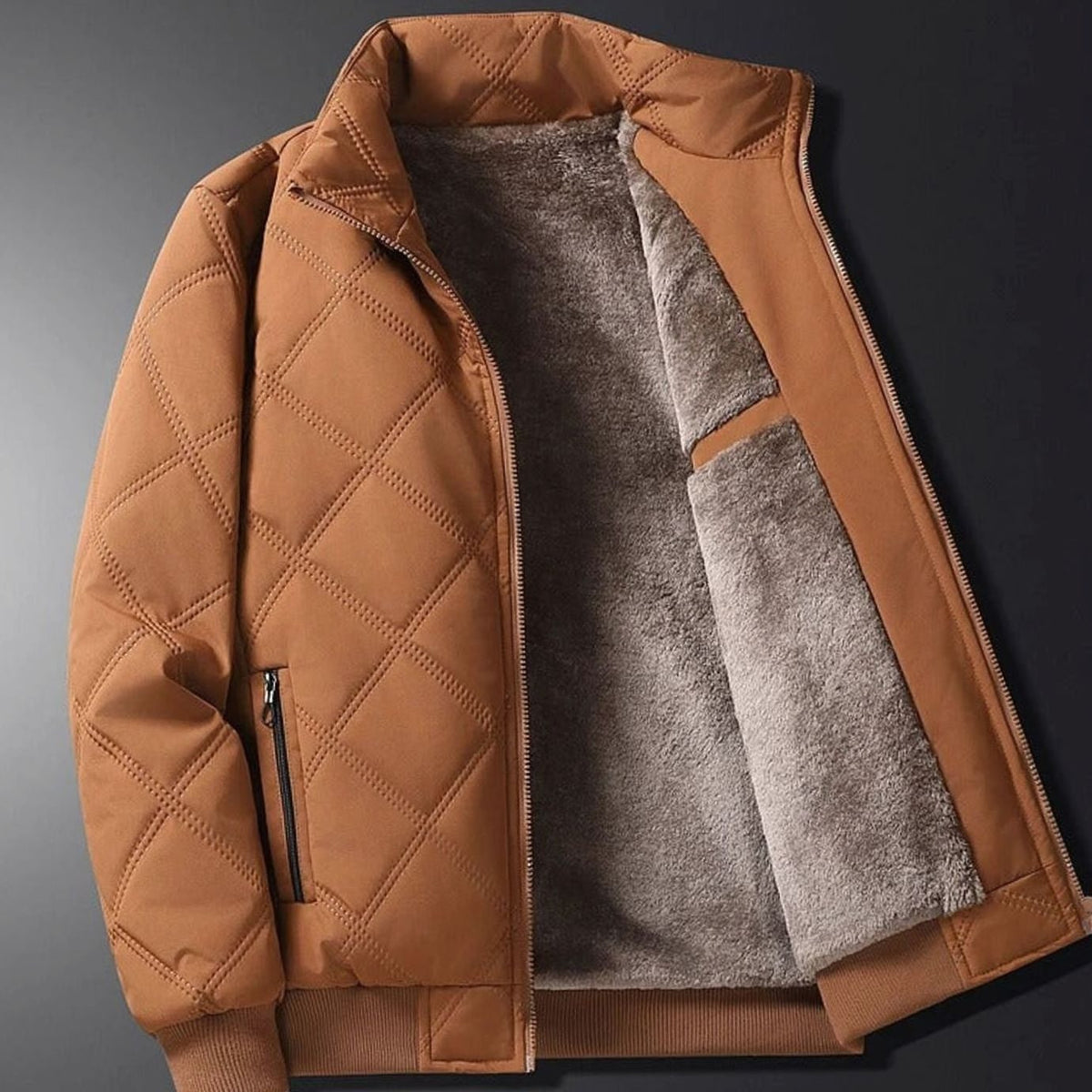 Men's Quilted Jacket with Fleece Lining Diamond Shell and High Stand Collar - Image 1