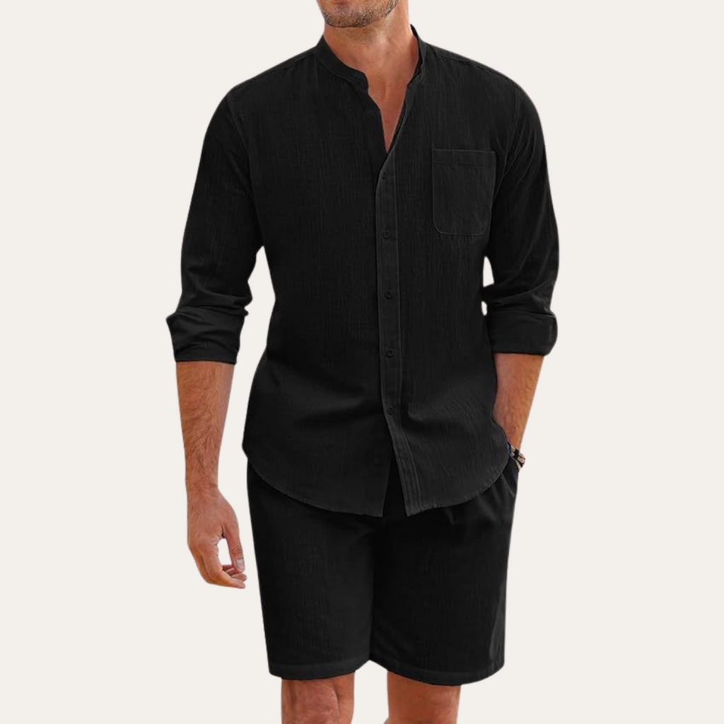 Men's Mandarin Collar Long Sleeve Shirt and Shorts Set — back view
