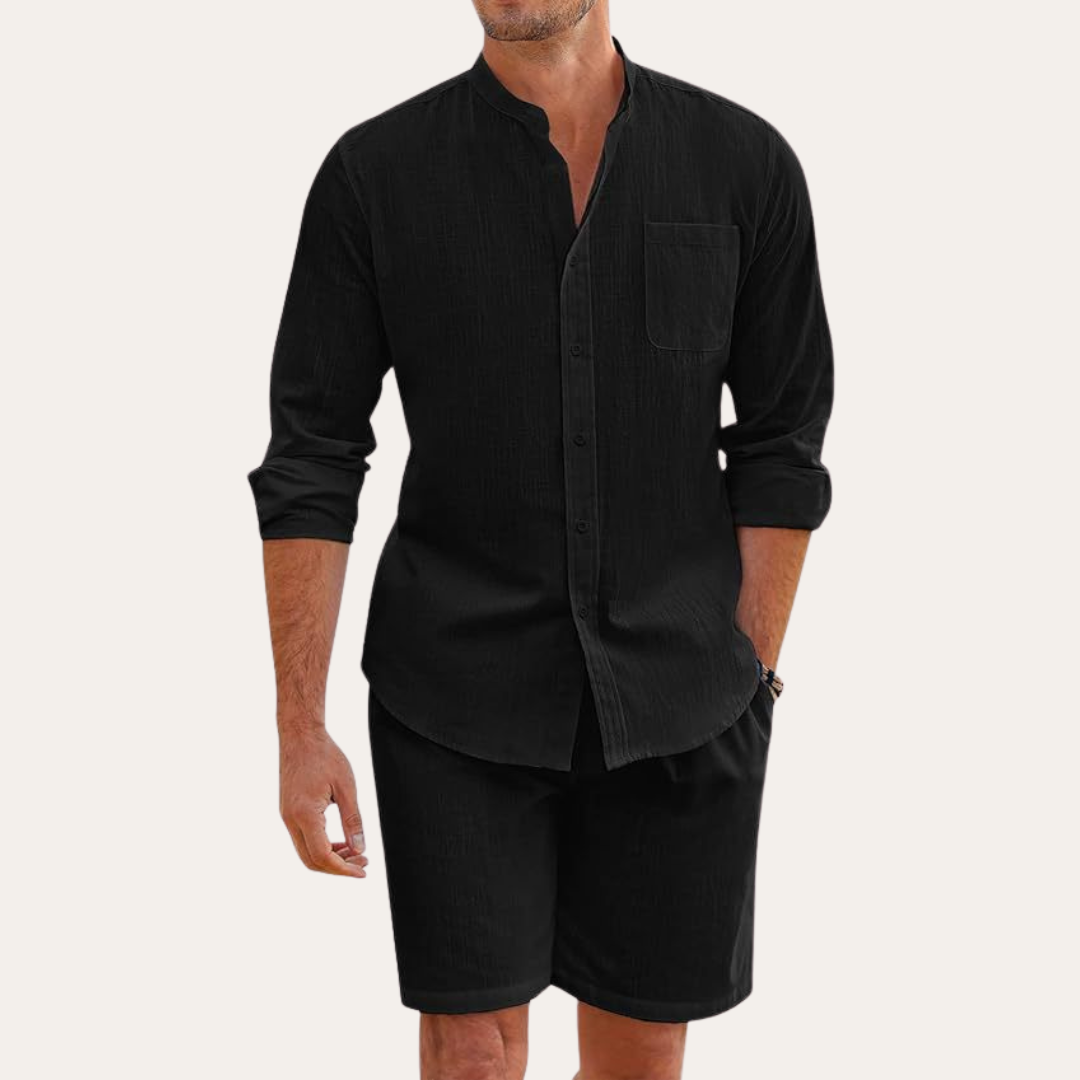 Men's Mandarin Collar Long Sleeve Shirt and Shorts Set — back view