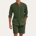 Men's Mandarin Collar Long Sleeve Shirt and Shorts Set — close-up