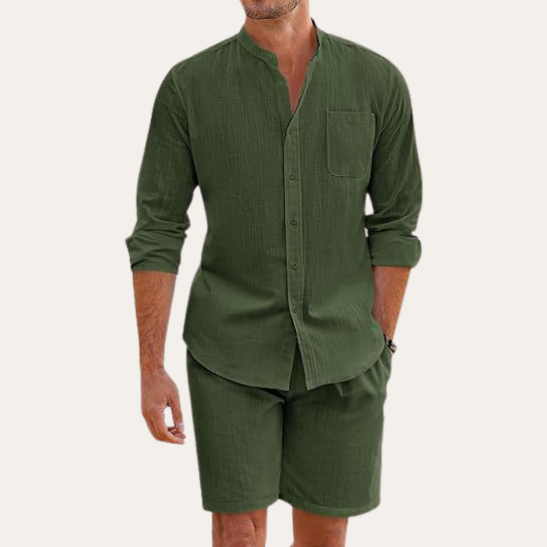 Men's Mandarin Collar Long Sleeve Shirt and Shorts Set — close-up