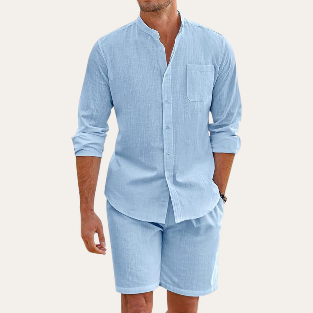 Men's Mandarin Collar Long Sleeve Shirt and Shorts Set — detail view