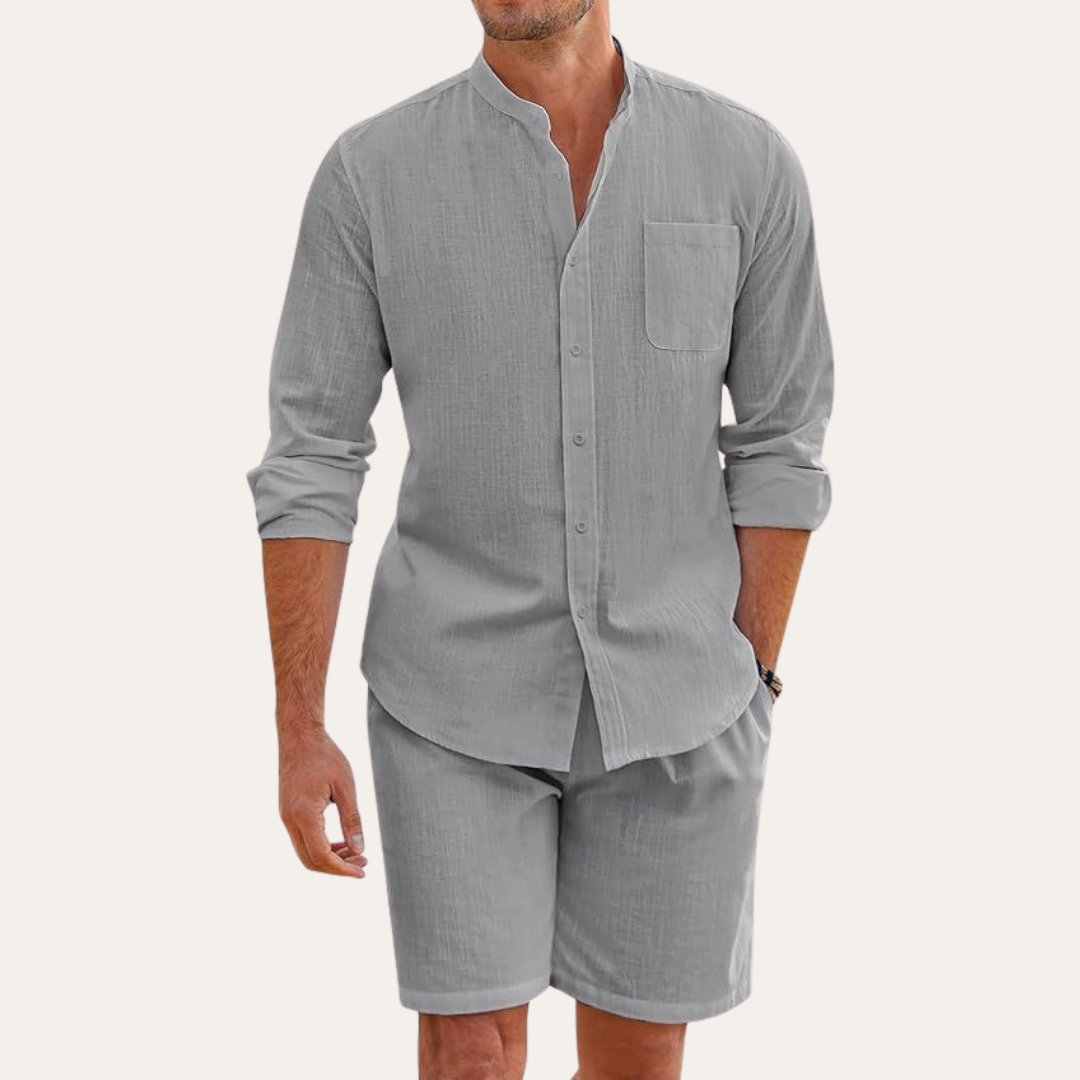 Men's Mandarin Collar Long Sleeve Shirt and Shorts Set — model wearing