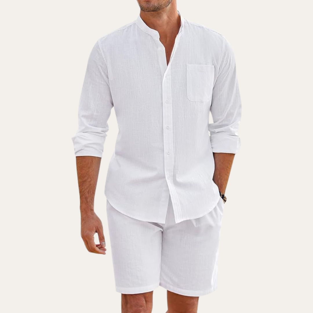 Men's Mandarin Collar Long Sleeve Shirt and Shorts Set — side view