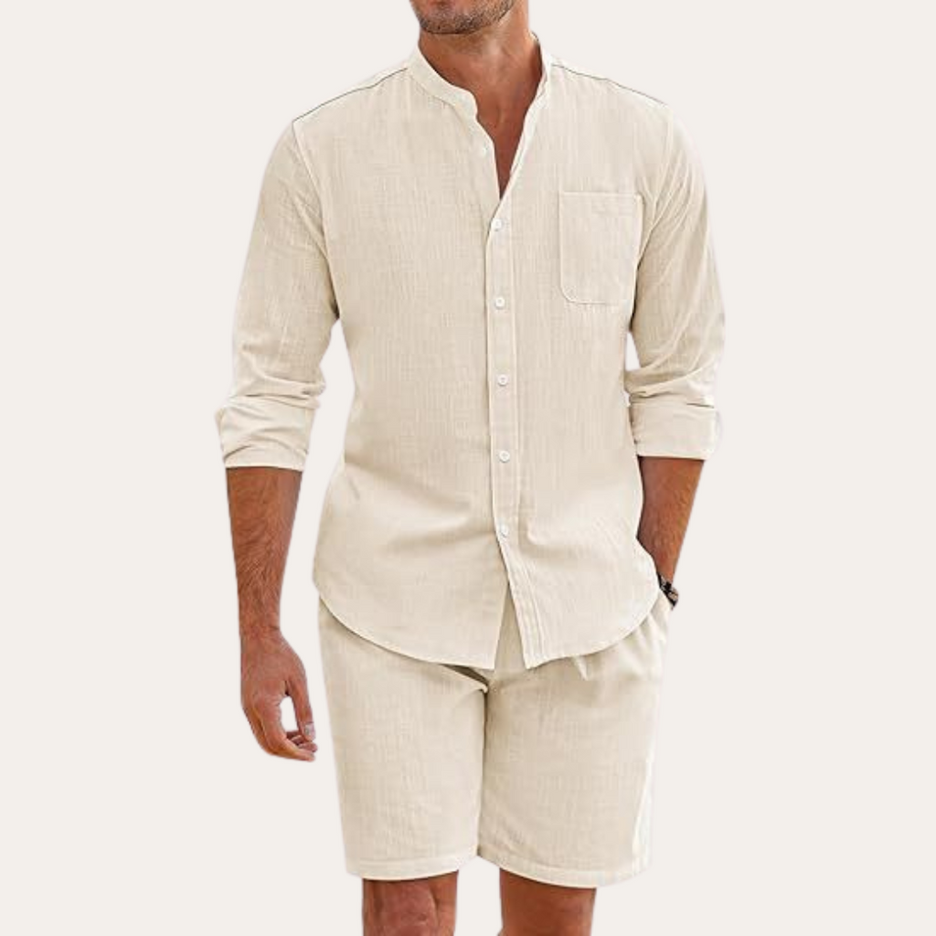 Men's Relaxed Fit Long Sleeve Mandarin Collar Shirt and Shorts Two Piece Summer Set