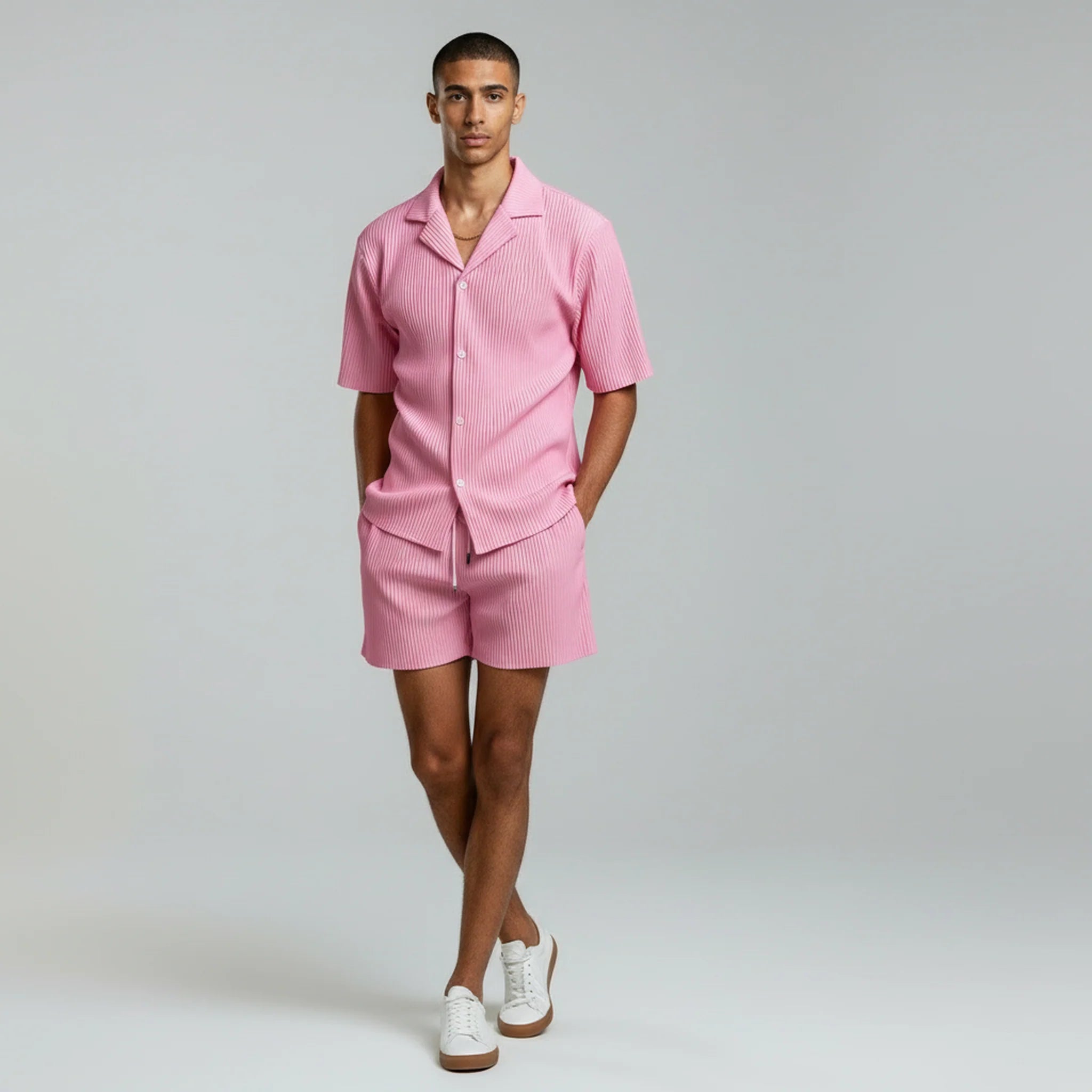 Men's Ribbed Short Sleeve Shirt and Drawstring Shorts Co-Ord — back view