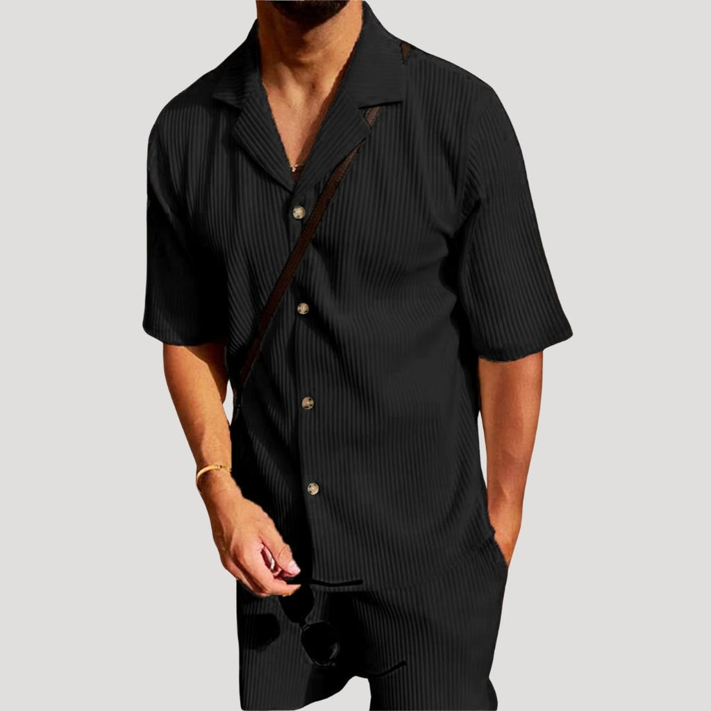Men's Ribbed Short Sleeve Shirt and Drawstring Shorts Co-Ord — close-up