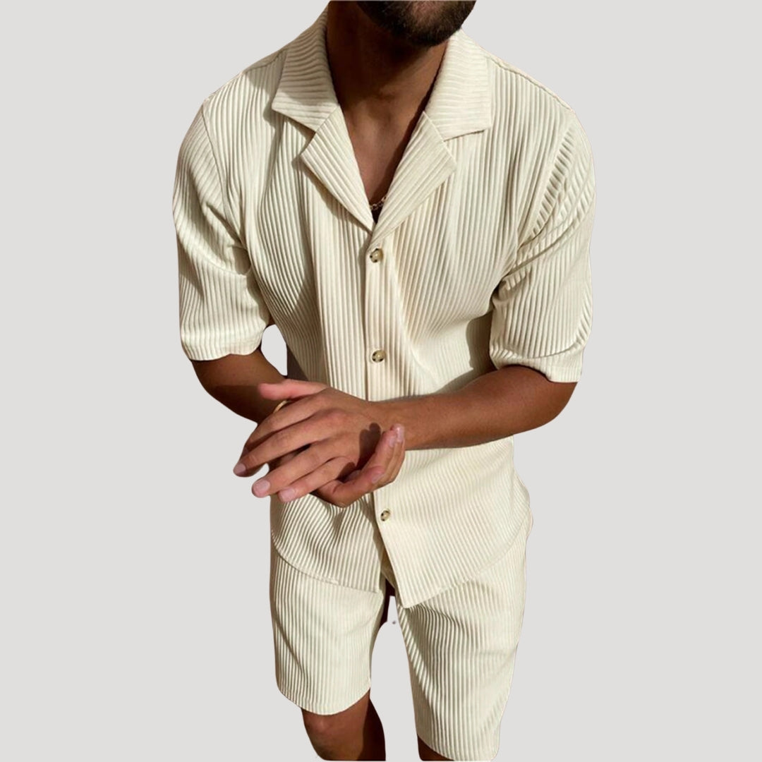 Men's Ribbed Short Sleeve Shirt and Drawstring Shorts Co-Ord — model wearing