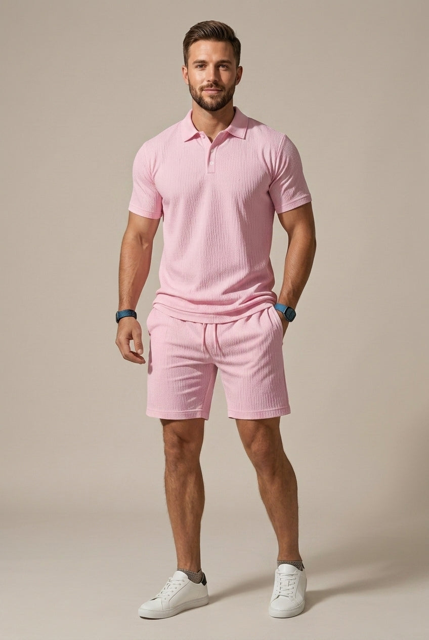 Men's Textured Knit Polo and Drawstring Shorts Set — model wearing