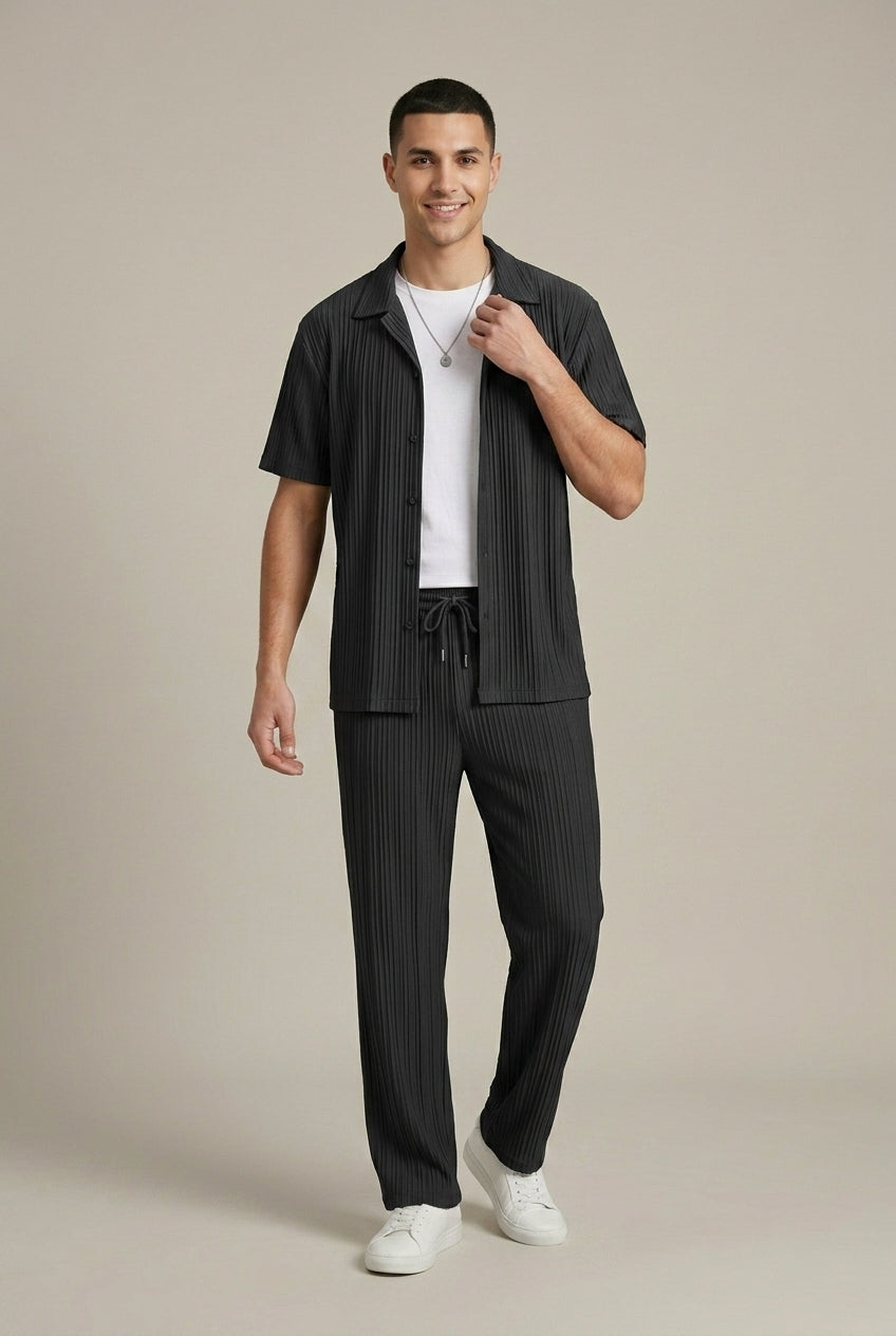 Men's Textured Stripe Shirt and Tailored Trousers Set — detail view