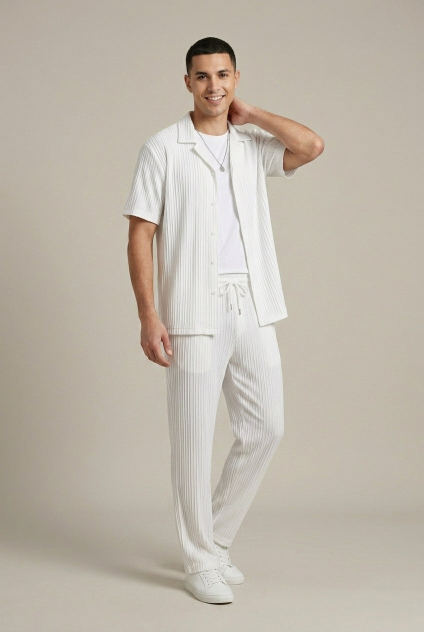 Men's Textured Stripe Shirt and Tailored Trousers Set — model wearing