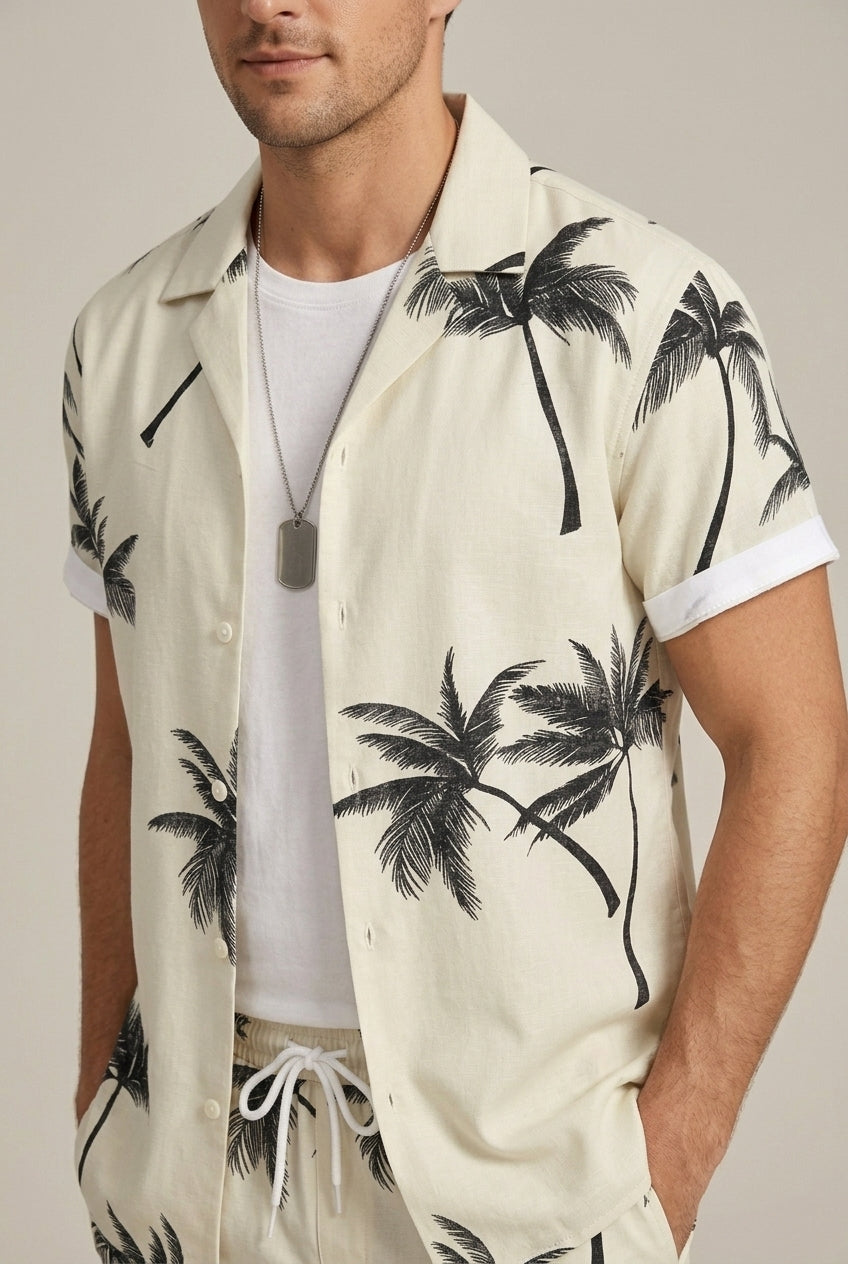 Men's Palm Pattern Button Front Shirt and Shorts Set — back view