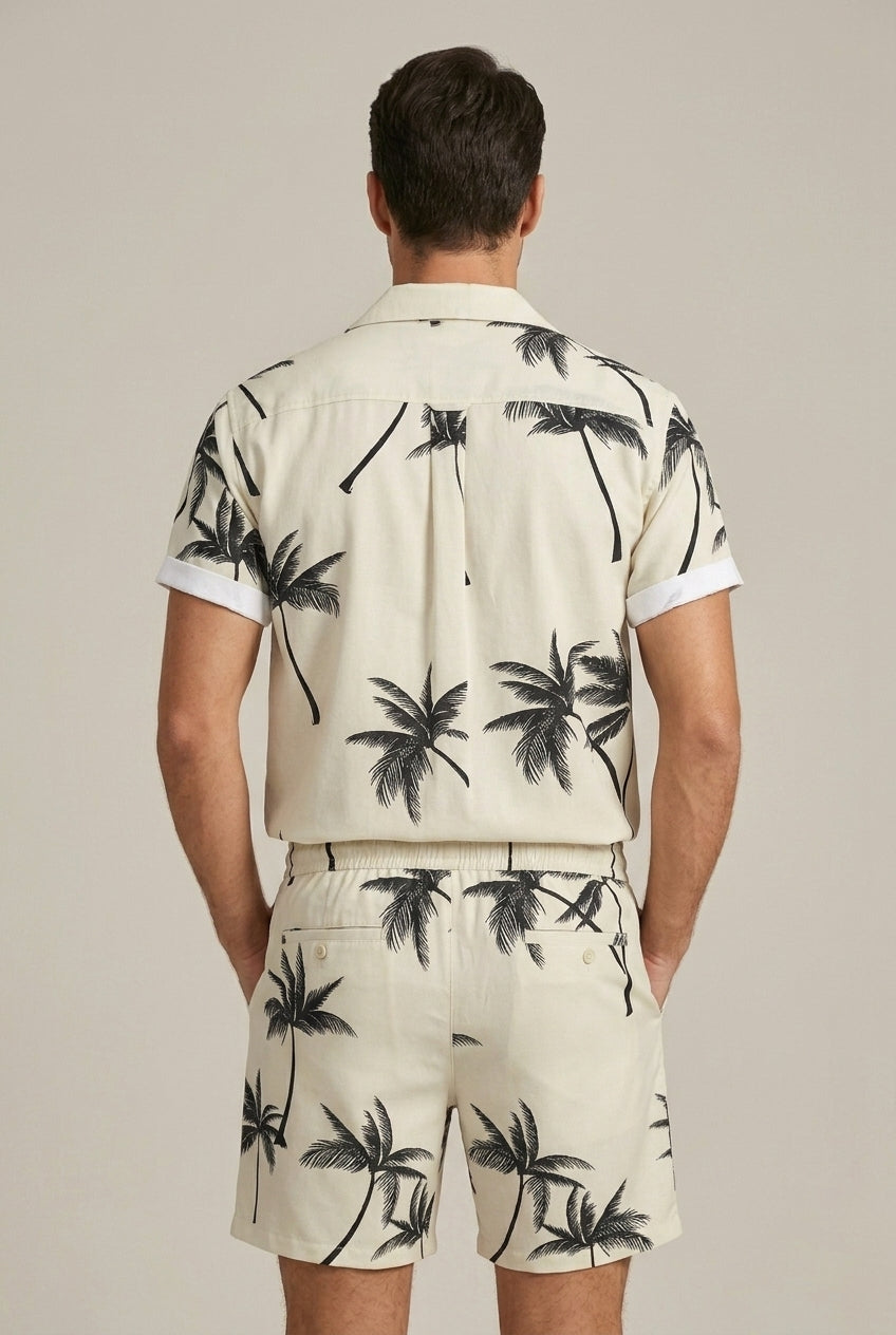 Men's Palm Pattern Button Front Shirt and Shorts Set — close-up
