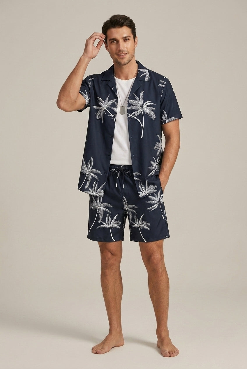 Men's Palm Pattern Button Front Shirt and Shorts Set — detail view