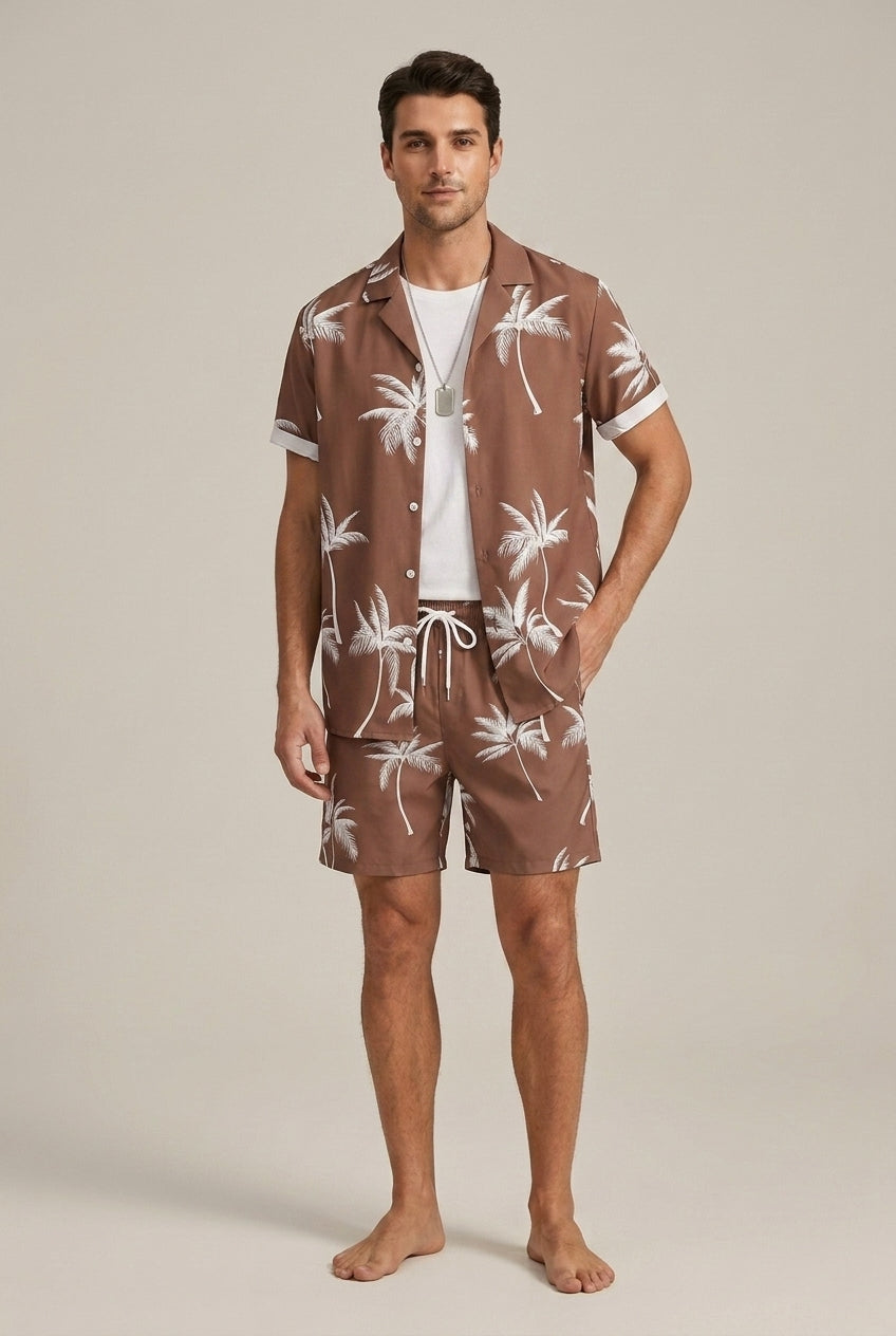 Men's Palm Pattern Button Front Shirt and Shorts Set — model wearing