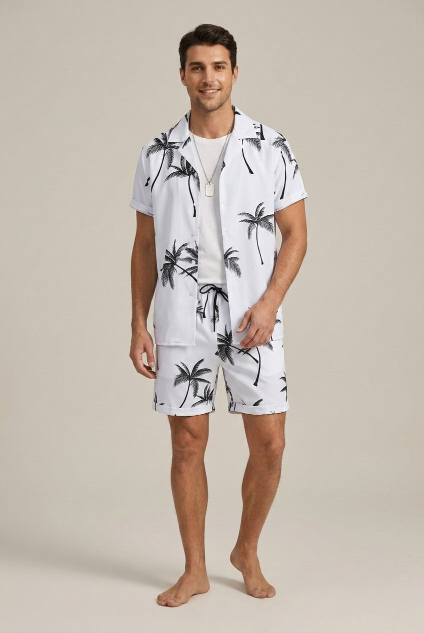 Men's Palm Pattern Button Front Shirt and Shorts Set — side view