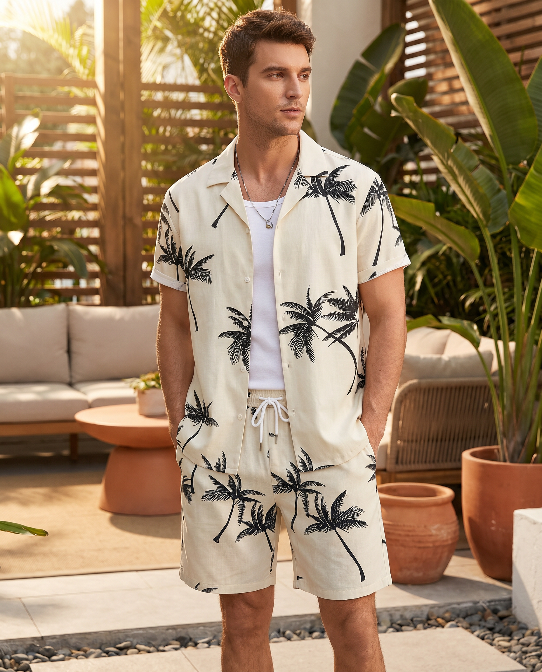 Men's Palm Print Short Sleeve Shirt and Shorts Set — back view