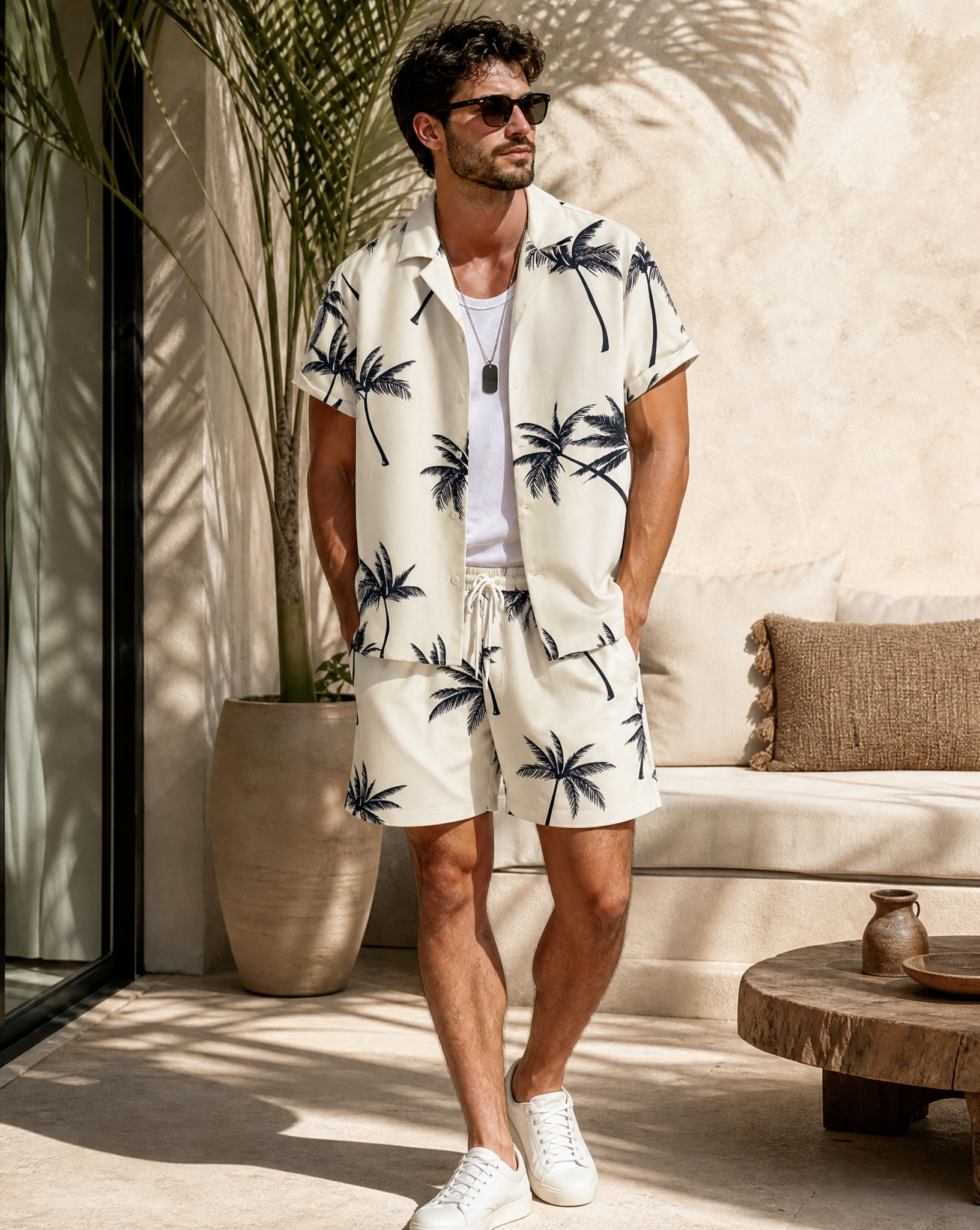 Men's Palm Print Short Sleeve Shirt and Shorts Set — detail view