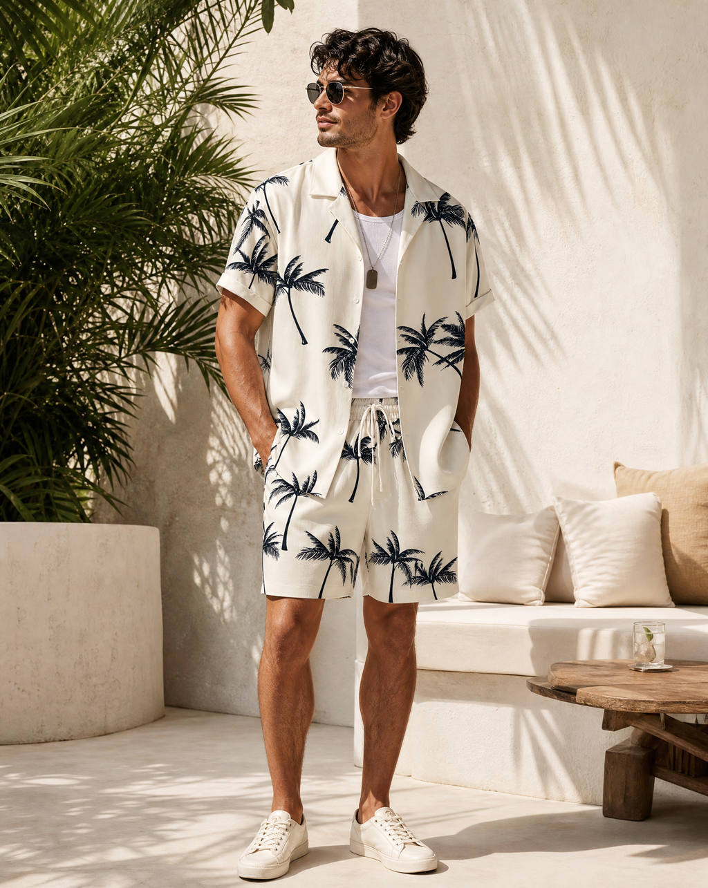 Men's Palm Print Short Sleeve Shirt and Shorts Set — side view