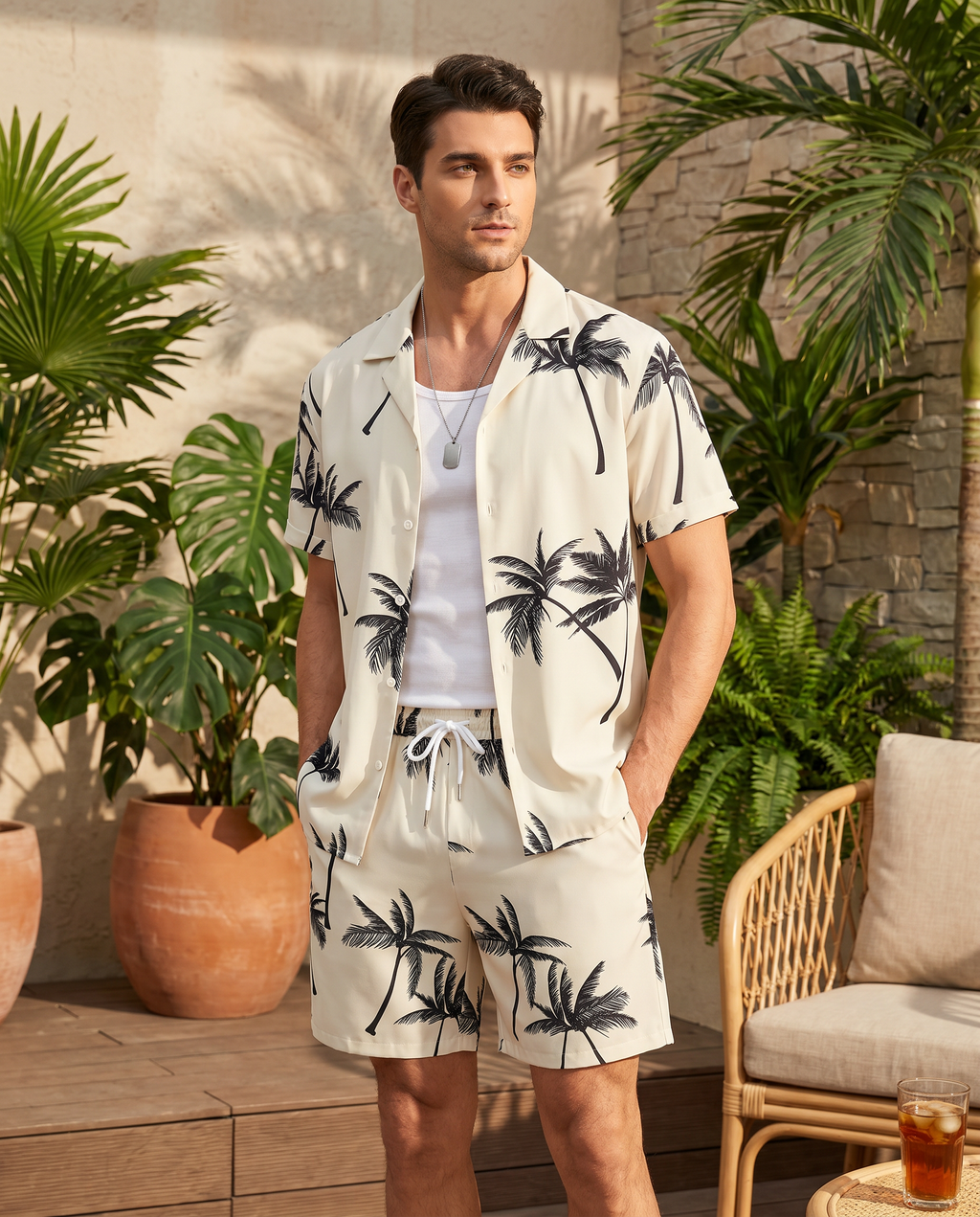 Men's Palm Print Short Sleeve Shirt and Shorts Set