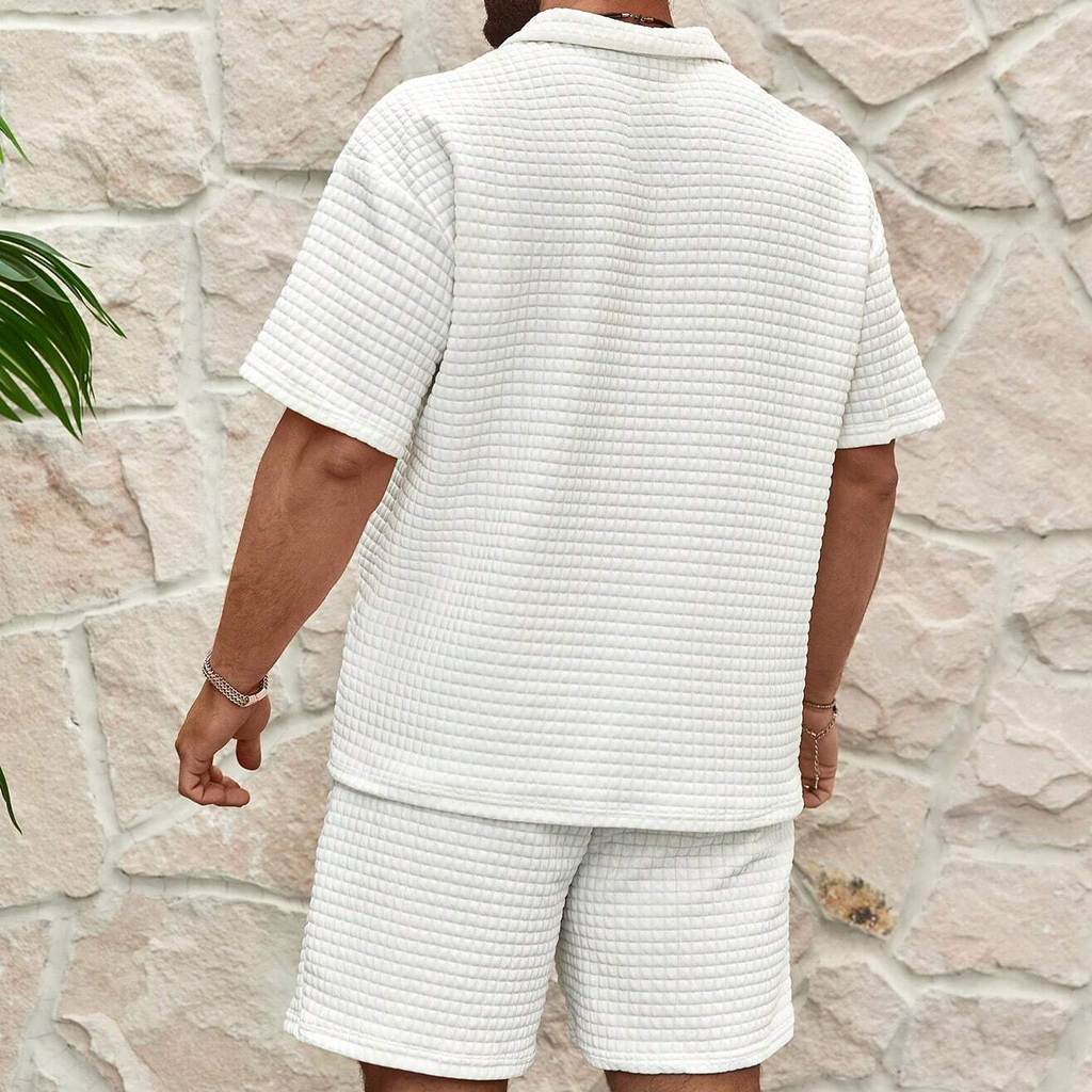 Men's Waffle Quarter Zip Polo and Elasticated Shorts Set — back view