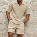 Men's Waffle Quarter Zip Polo and Elasticated Shorts Set — detail view