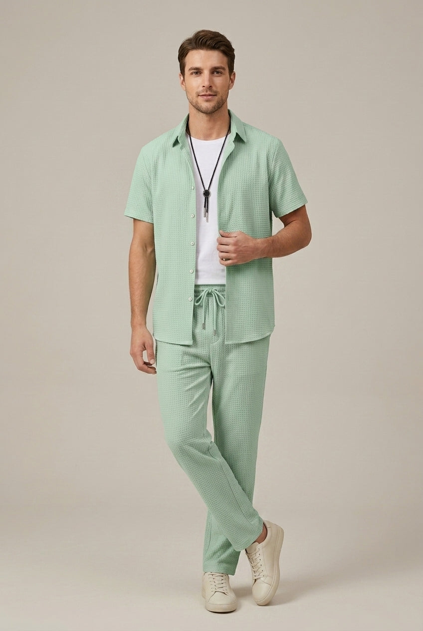 Men's Waffle Knit Shirt and Straight Leg Trousers Set — close-up
