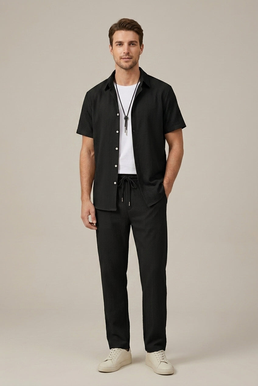 Men's Waffle Knit Shirt and Straight Leg Trousers Set — detail view