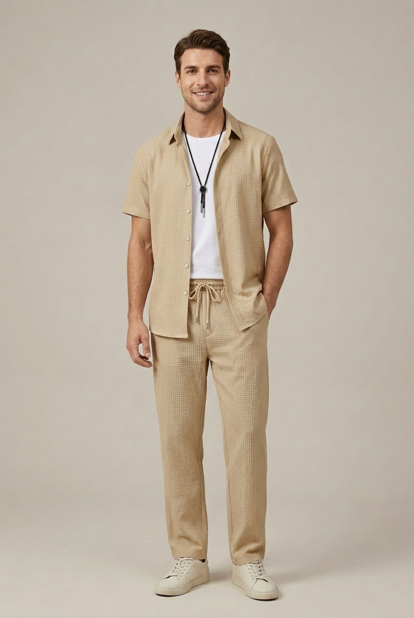 Men's Waffle Knit Shirt and Straight Leg Trousers Set — model wearing