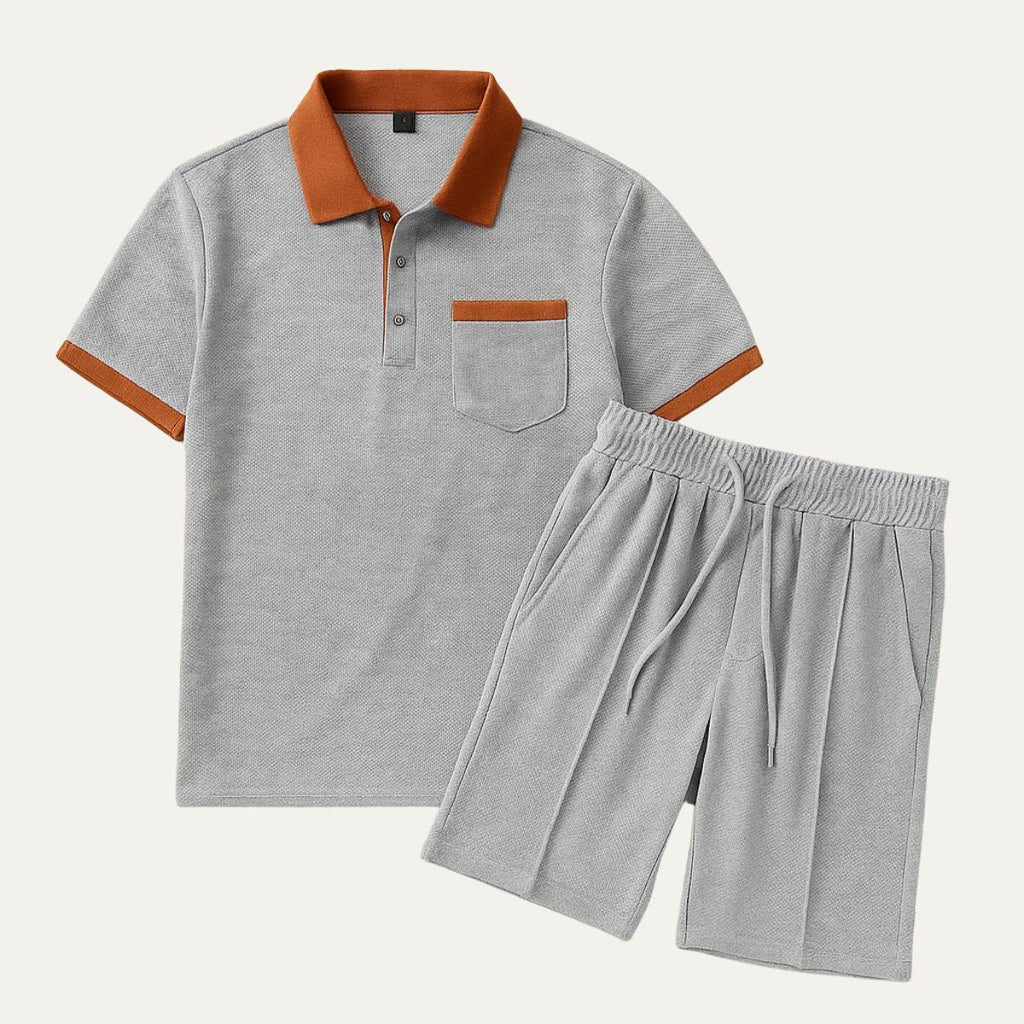 Men's Waffle Polo and Drawstring Shorts Set — model wearing