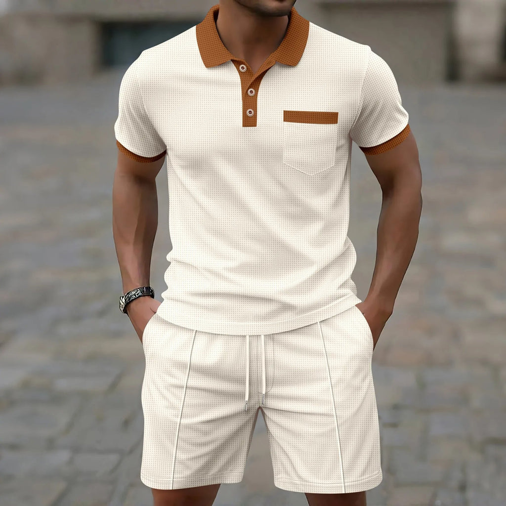 Men's Waffle Textured Short Sleeve Polo Shirt and Drawstring Shorts Two Piece Summer Set with Contrast Trim