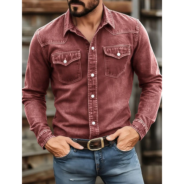 Men's Western Denim Shirt with Snap Button Chest Pockets and Point Collar - Image 1