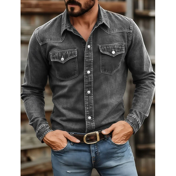 Men's Western Denim Shirt with Snap Button Chest Pockets and Point Collar - Image 2