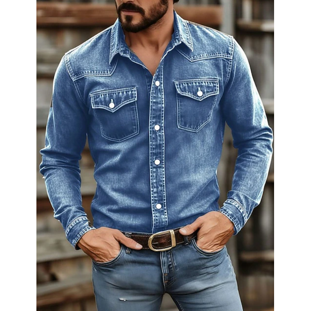 Men's Western Denim Shirt with Snap Button Chest Pockets and Point Collar - Image 3