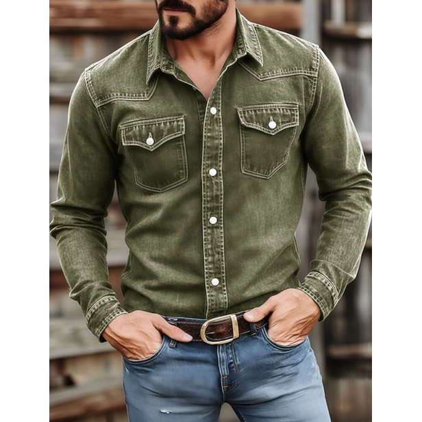 Men's Western Denim Shirt with Snap Button Chest Pockets and Point Collar - Image 4