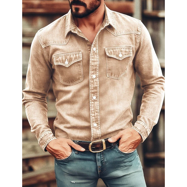 Men's Western Denim Shirt with Snap Button Chest Pockets and Point Collar - Image 5
