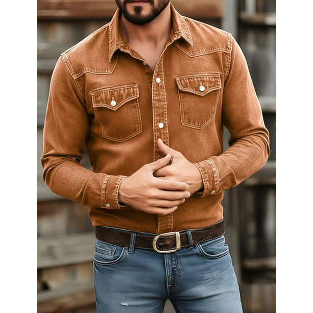Men's Western Denim Shirt with Snap Button Chest Pockets and Point Collar - Image 6