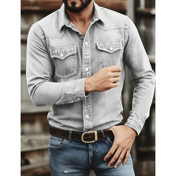 Men's Western Denim Shirt with Snap Button Chest Pockets and Point Collar - Image 7