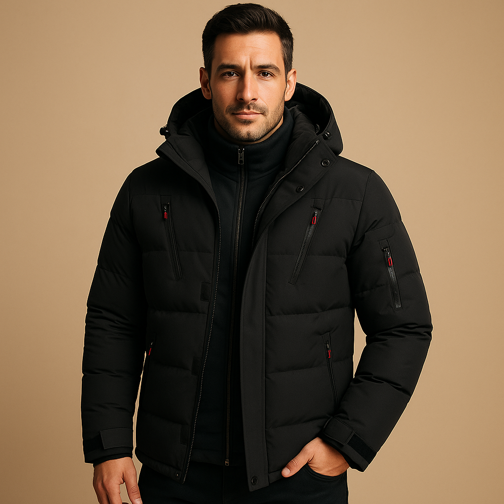 Men's Winter Jacket Hooded Puffer with Zippered Pockets and Storm Cuffs - Image 3