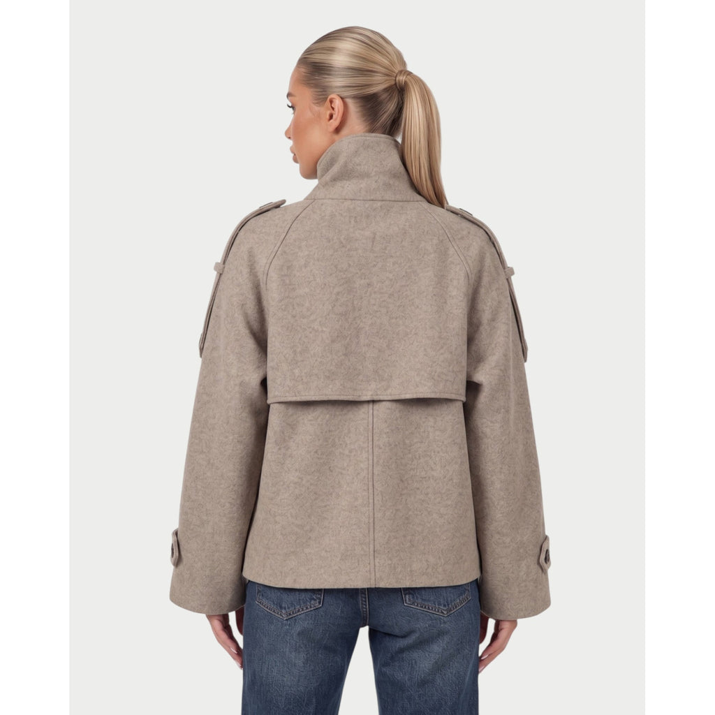 Men's Wool Short Trench Coat Double Breasted Funnel Neck Oversized - Image 2