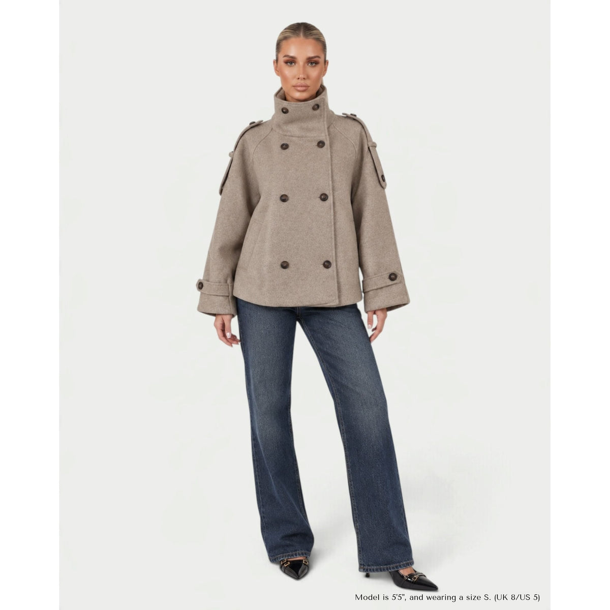 Men's Wool Short Trench Coat Double Breasted Funnel Neck Oversized - Image 4